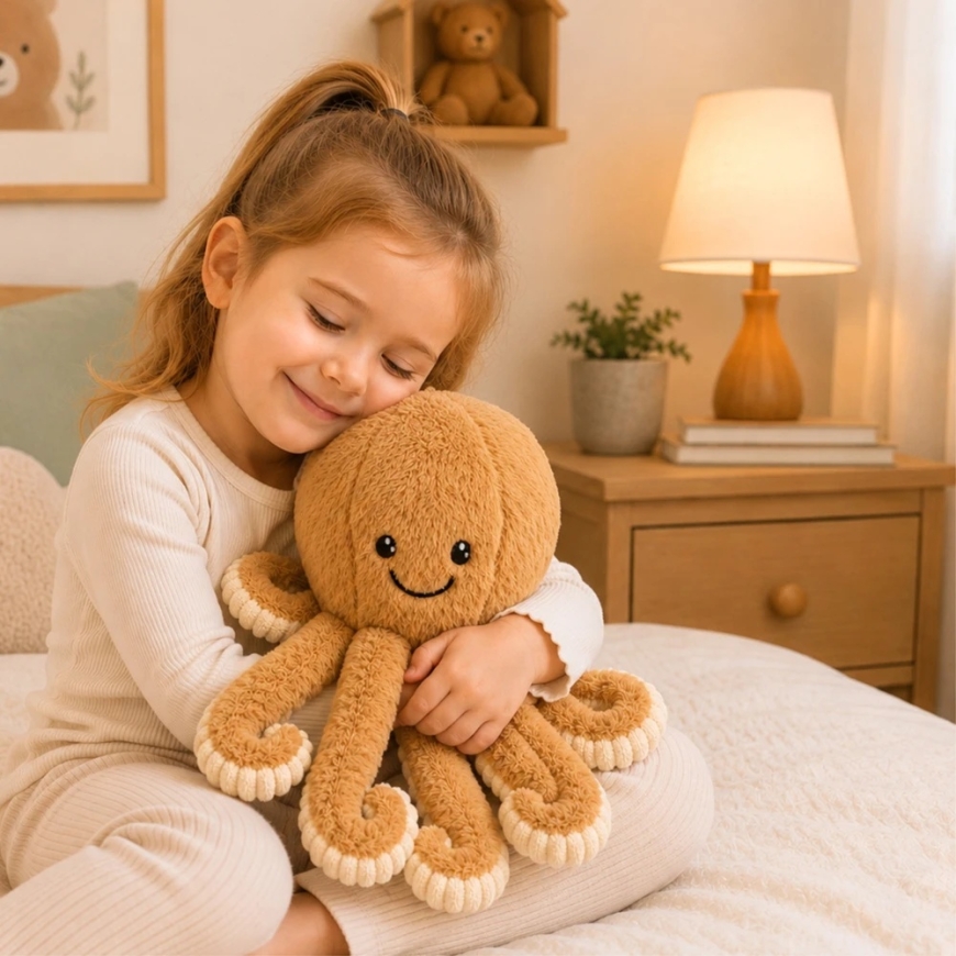 Lean Toys Pliušinis aštuonkojis su tampriais čiuptuvais, smėlio spalvos, 30 × 20 × 20 cm – 3