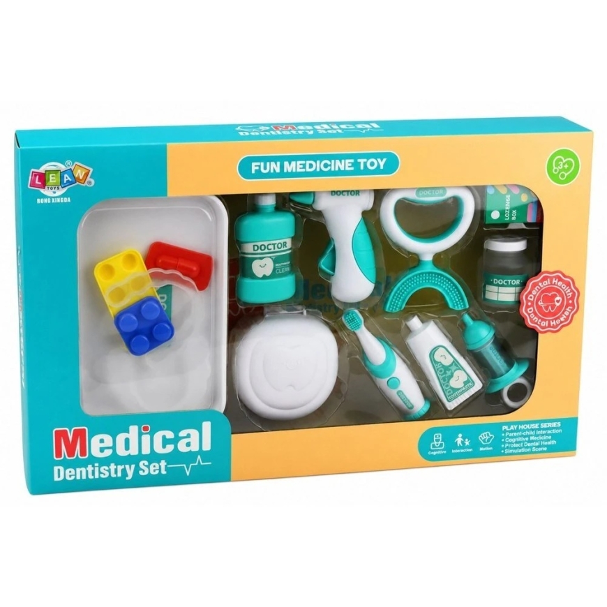 Lean Toys Vaikiškas odontologo rinkinys su vibruojančiu dantų šepetėliu ir atveriamu žandikaulio modeliu, mėlynos ir baltos spal – 3