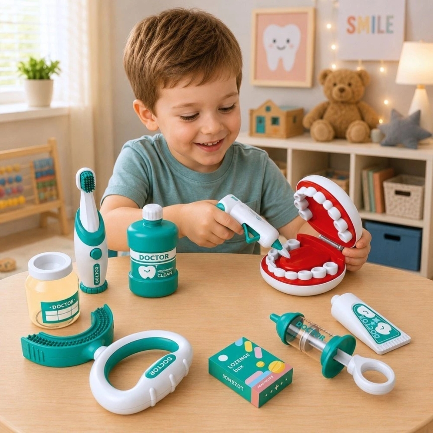 Lean Toys Vaikiškas odontologo rinkinys su vibruojančiu dantų šepetėliu ir atveriamu žandikaulio modeliu, mėlynos ir baltos spal – 4