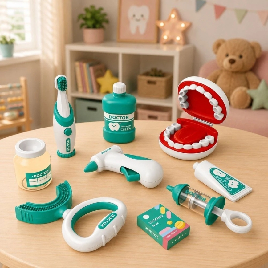 Lean Toys Vaikiškas odontologo rinkinys su vibruojančiu dantų šepetėliu ir atveriamu žandikaulio modeliu, mėlynos ir baltos spal – 5