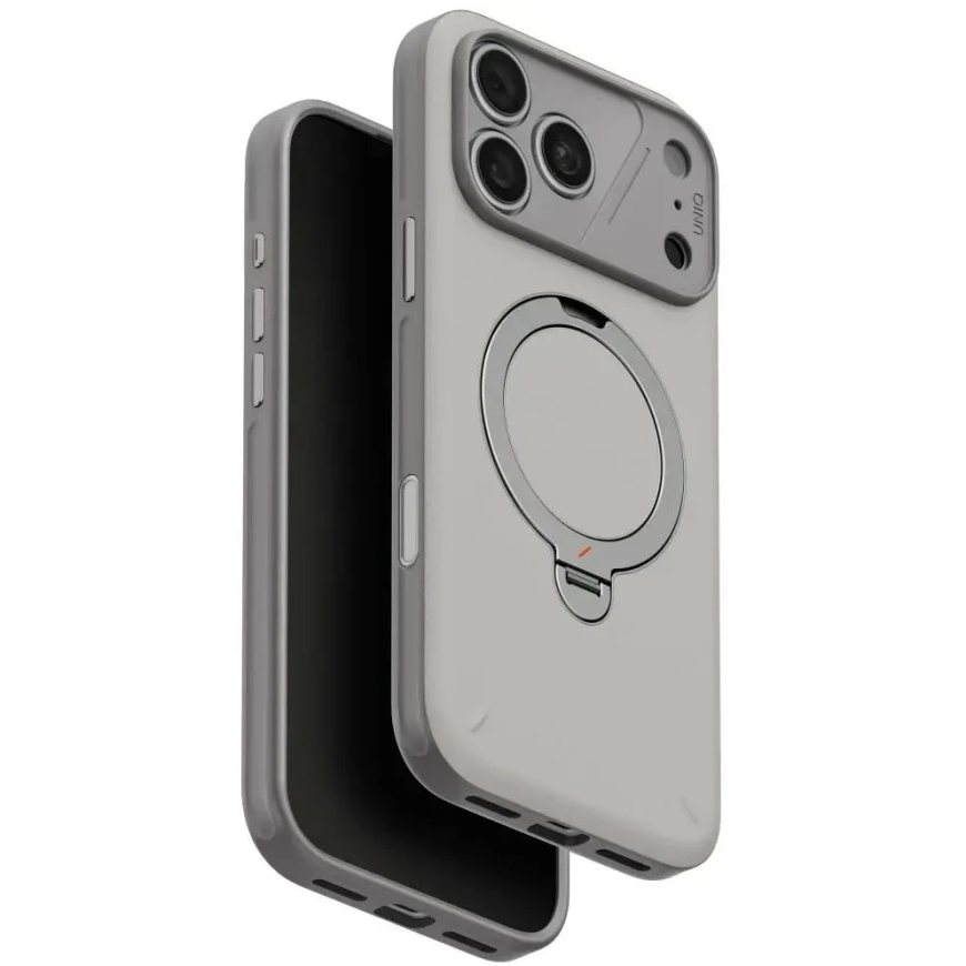 Dėklas UNIQ Elix, skirtas iPhone 18 Pro Max / 17 Pro Max, su 360 laipsnių besisukančiu stovu, šviesiai pilkas