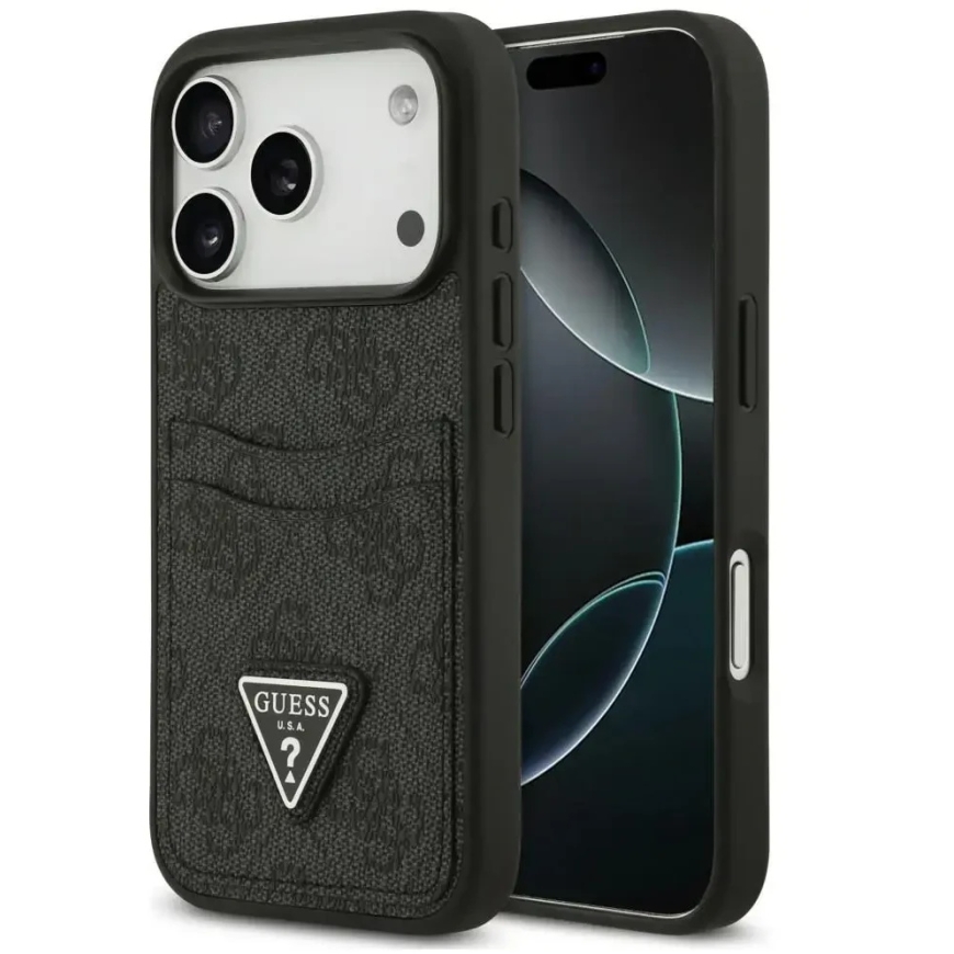 Dėklas Guess 4G Double Card Triangle, skirtas iPhone 18 Pro / 17 Pro, juodas