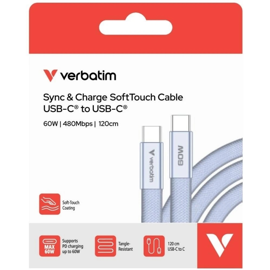 Kabelis Verbatim Sync & Charge SoftTouch USB-C į USB-C 60W PD3.0 120 cm violetinės spalvos 30275 – 2