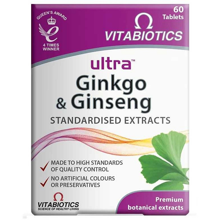 Vitabiotics Maisto papildas „Ultra Ginkgo & Ginseng“ su ginkmedžiu ir ženšeniu, 60 tablečių