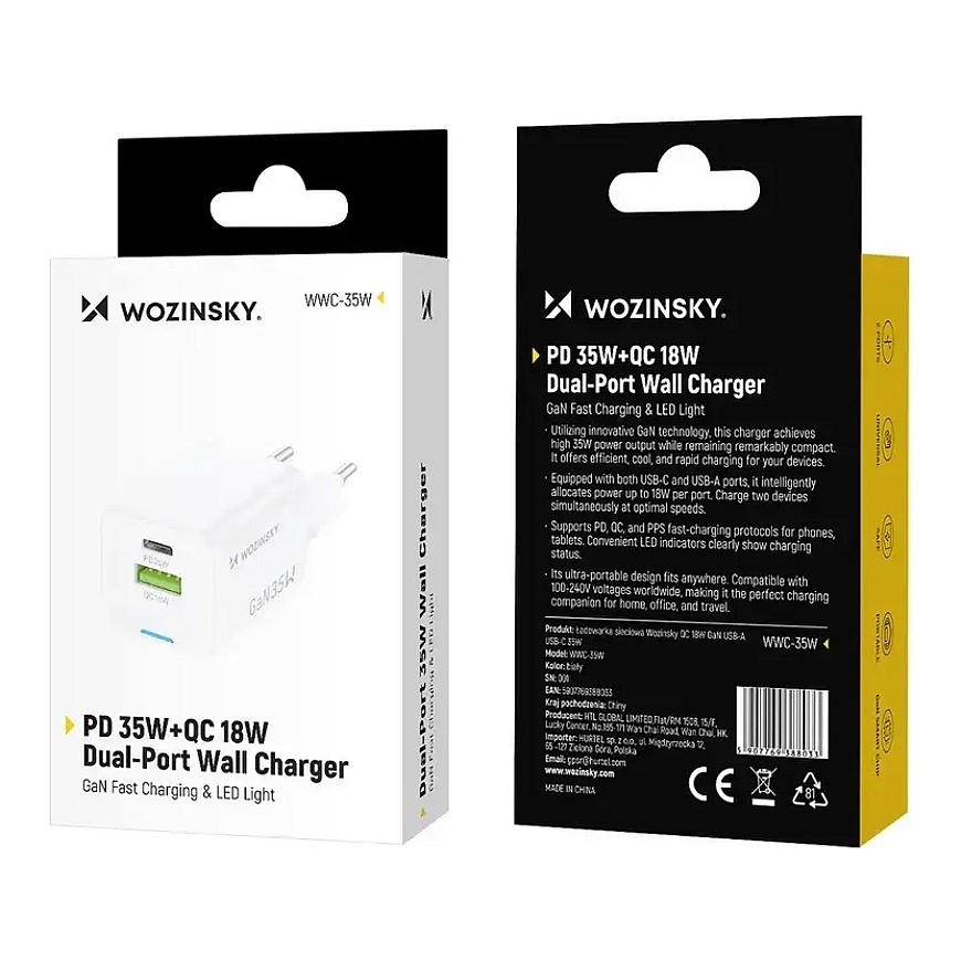 Wozinsky WWC-35W kelioninis įkroviklis | 35W | GaN, PPS | USB-A, USB-C | baltas – 4