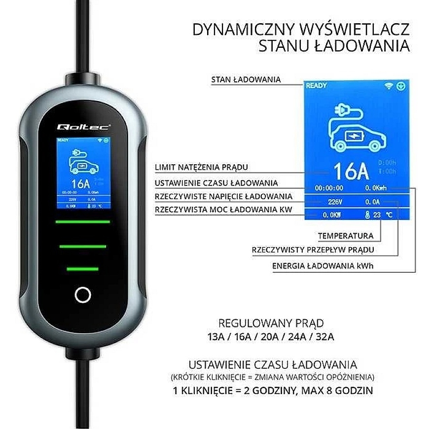 Qoltec 52721 Mobilus elektromobilio įkroviklis su 2in1 2 tipo reguliavimu | 7kW | 230V | CEE 32A | Wifi | TUYA | SMART LIFE | LC – 2