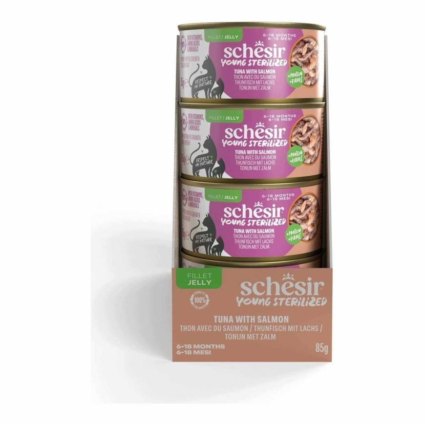 Schesir Young and Sterilized, wet cat food, tuna and salmon fillet, 85g