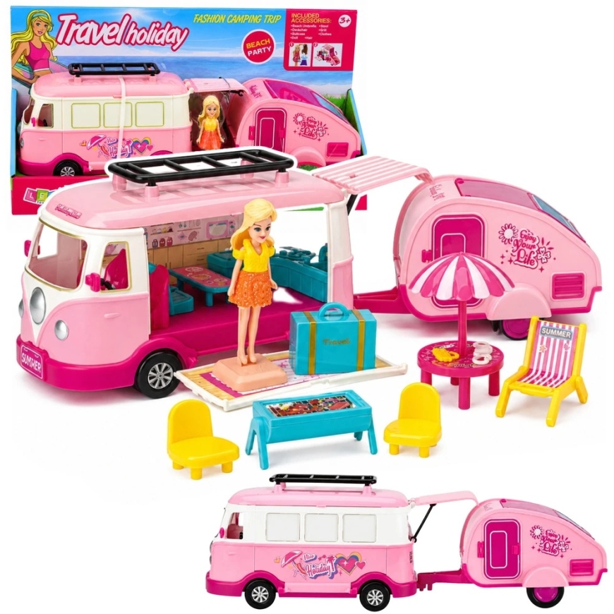 Lean Toys Lėlių kemperio kelioninis rinkinys su priekaba, rožinis, 37 x 11 x 9 cm – 2