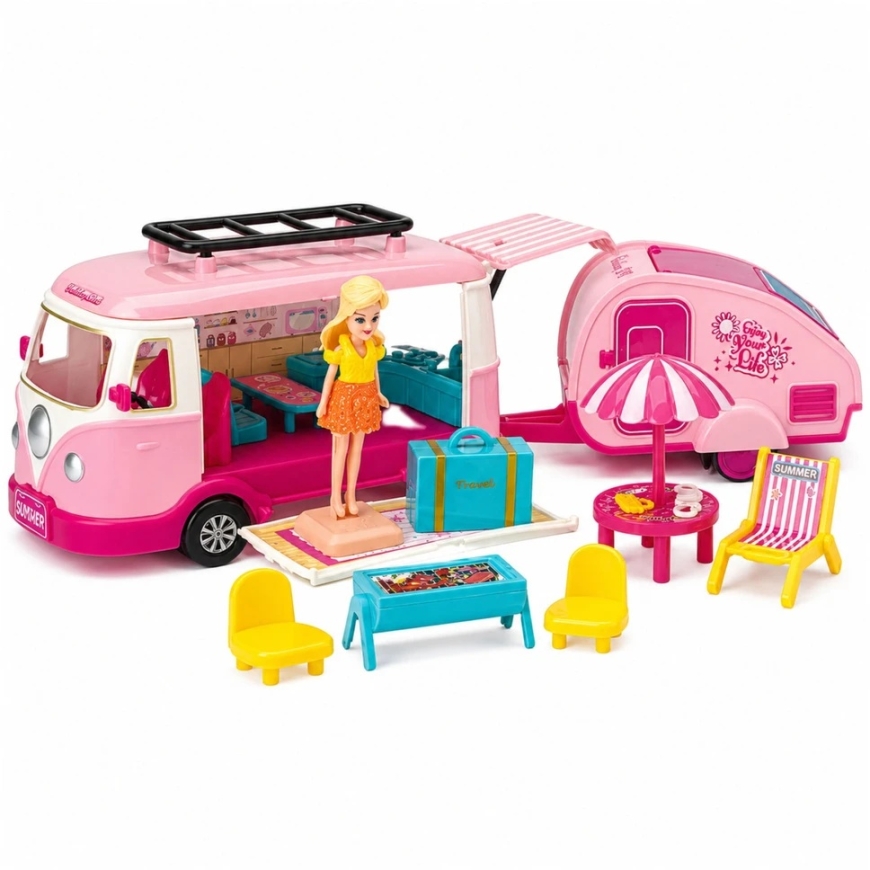 Lean Toys Lēļu kempera ceļojuma komplekts ar piekabi, rozā, 37 x 11 x 9 cm – 3