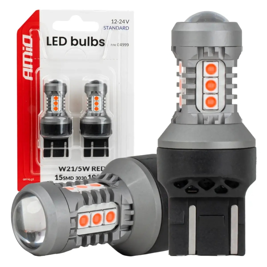 LED-lamput STANDARD 7443 W21/5W 3030 15SMD Punainen 12/24V AMIO-04999