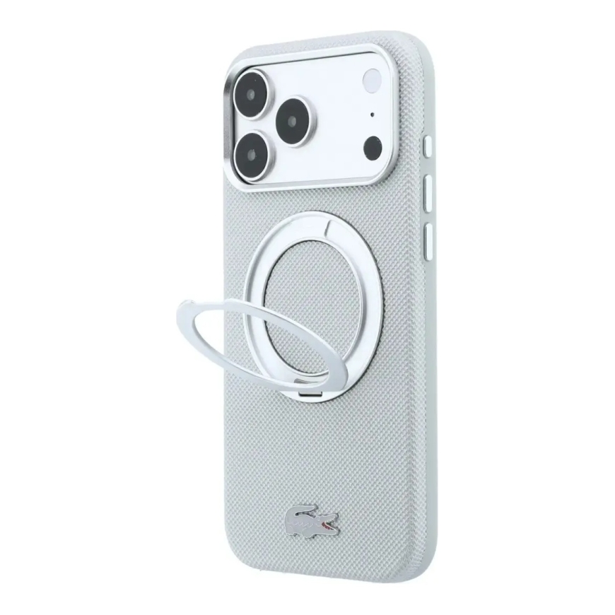 Lacoste PVC Petit Pique Semi Wrap Ring Stand phone case with stand and MagSafe support for iPhone 18 Pro gray