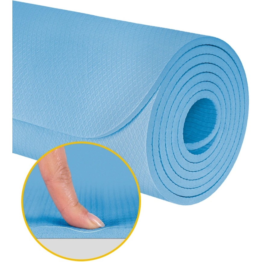 Jogas, pilates, fitnesa paklājs, 183x61cm, 1cm biezs, TPE materiāls, zils, REBEL ACTIVE – 5