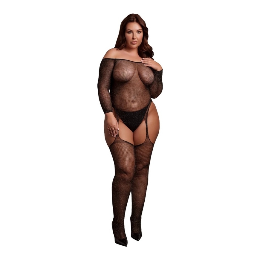 Shots Spīdīga Bodystocking ar Atvērtām Plecu daļām - Liela Izmēra - Melna/Zelta Mirdzums