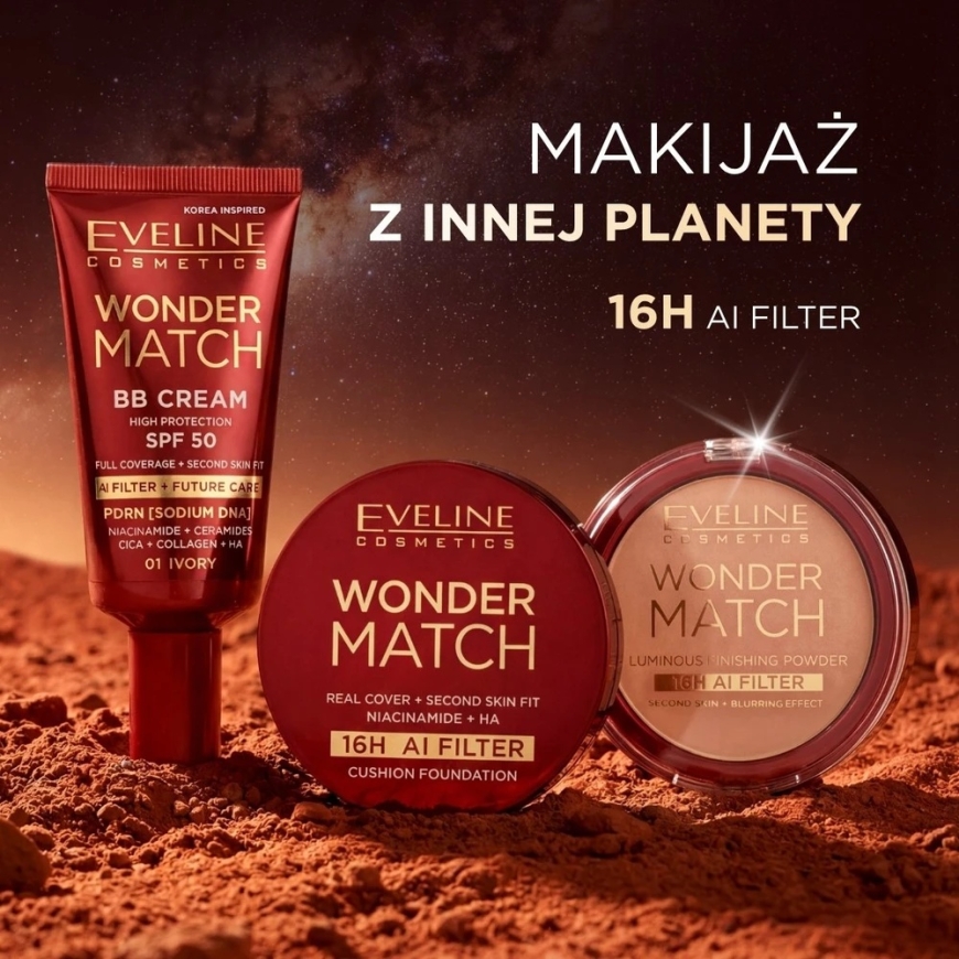 L'Oreal "Eveline Cosmetics Wonder Match" täyspitkä peitev cushion-tyyppinen meikkipohja, jossa on niatsiinia ja hyaluronihappoa – 4