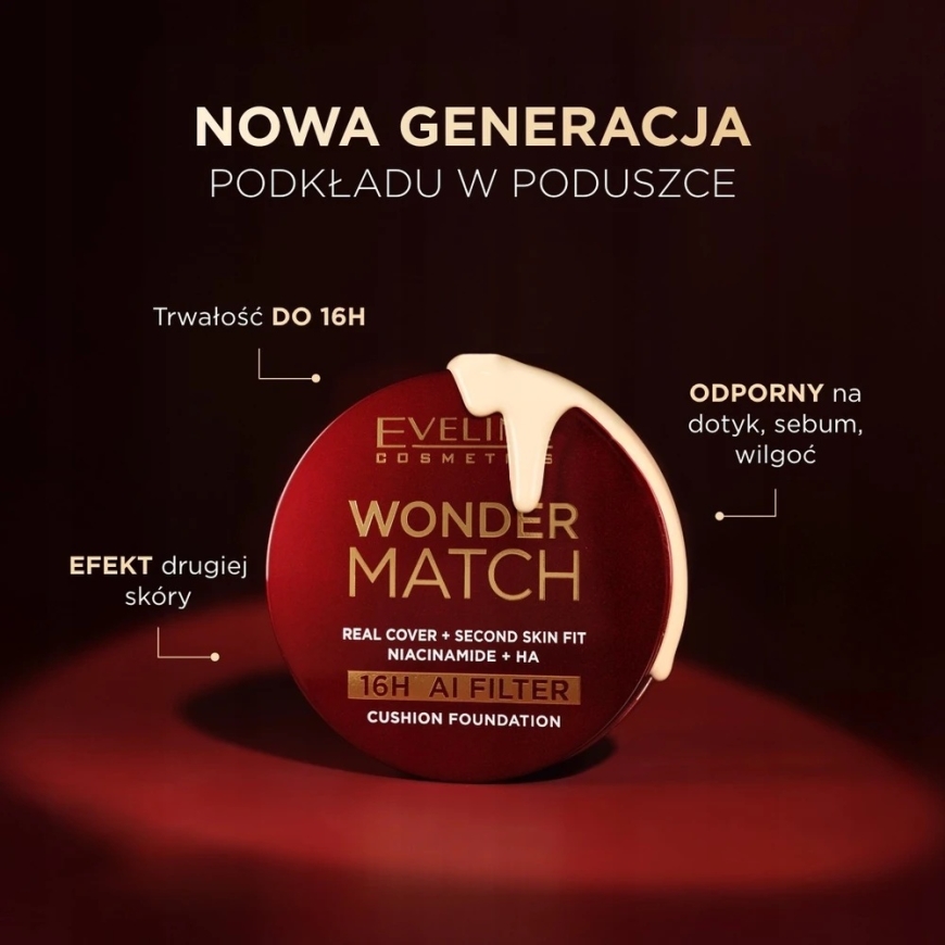 L'Oreal „Eveline Cosmetics Wonder Match“ pilno padengimo pagalvėlė tipo makiažo pagrindas su niacinamidu ir hialurono rūgštimi 0 – 5