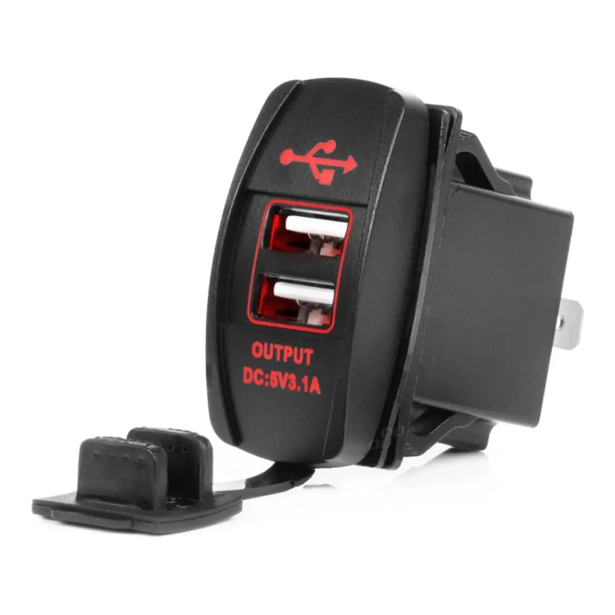 Boat Shaped Waterproof Phone Charger with RED LED Backlight 2xUSB 12/24V AMIO-04228
