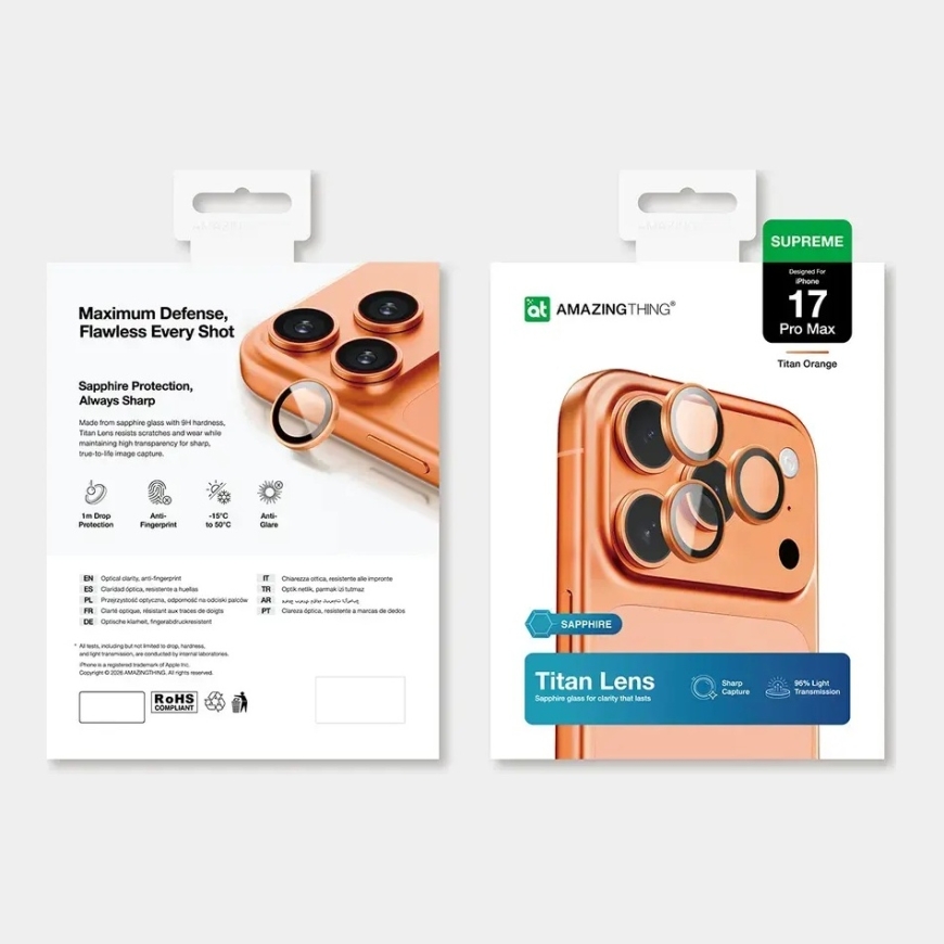 AmazingThing AR safyro kameros objektyvo stiklas iPhone 17 Pro / Pro Max - su oranžine rėmeliu – 5