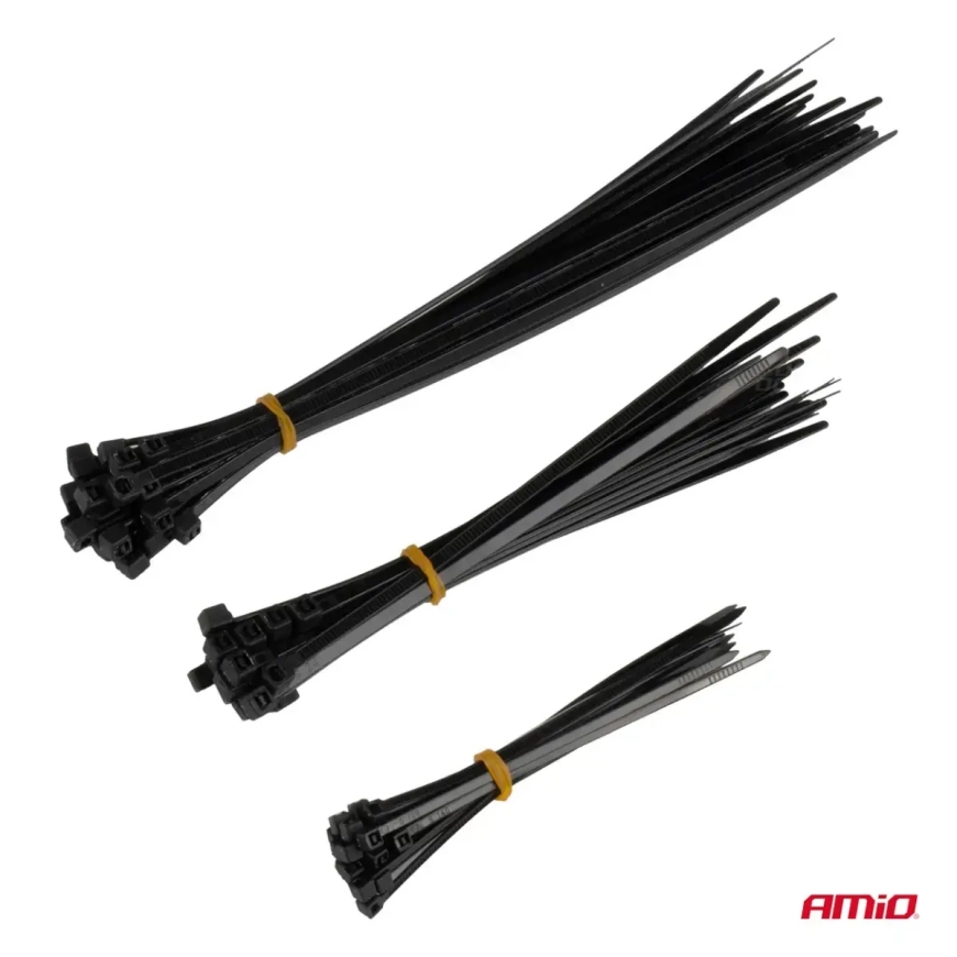 Juodi plastikiniai kabelių surišimo įrankiai ilgi, 60 vnt. rinkinys. AMIO-04315 – 2