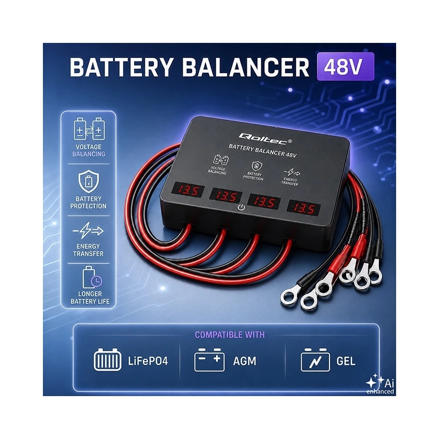 Qoltec Pingeregulaator 48V 4 x 12V akudele | 10A | AGM GEL LiFePO4 | LED – 2