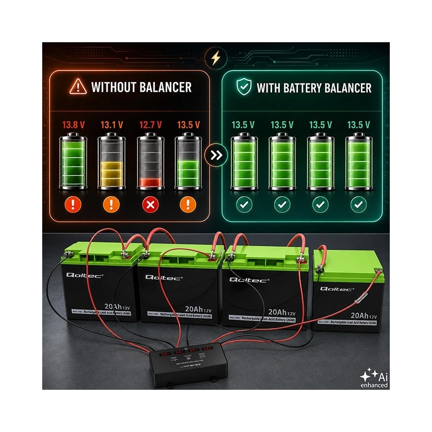 Qoltec Sprieguma balansētājs 48V 4 x 12V akumulatoriem | 10A | AGM GEL LiFePO4 | LED – 5