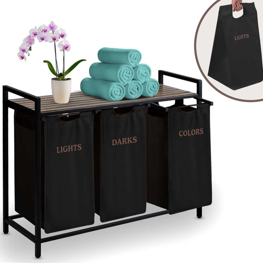 Massido 120 l three-compartment laundry basket on frame