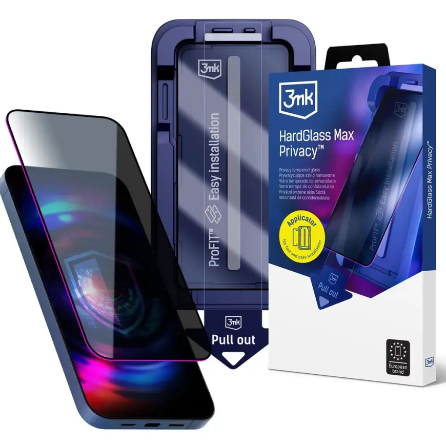 3mk HardGlass Max Privacy -tempered lasi iPhonelle 14 Pro (yksityisyysvaikutus) sovittimen kanssa
