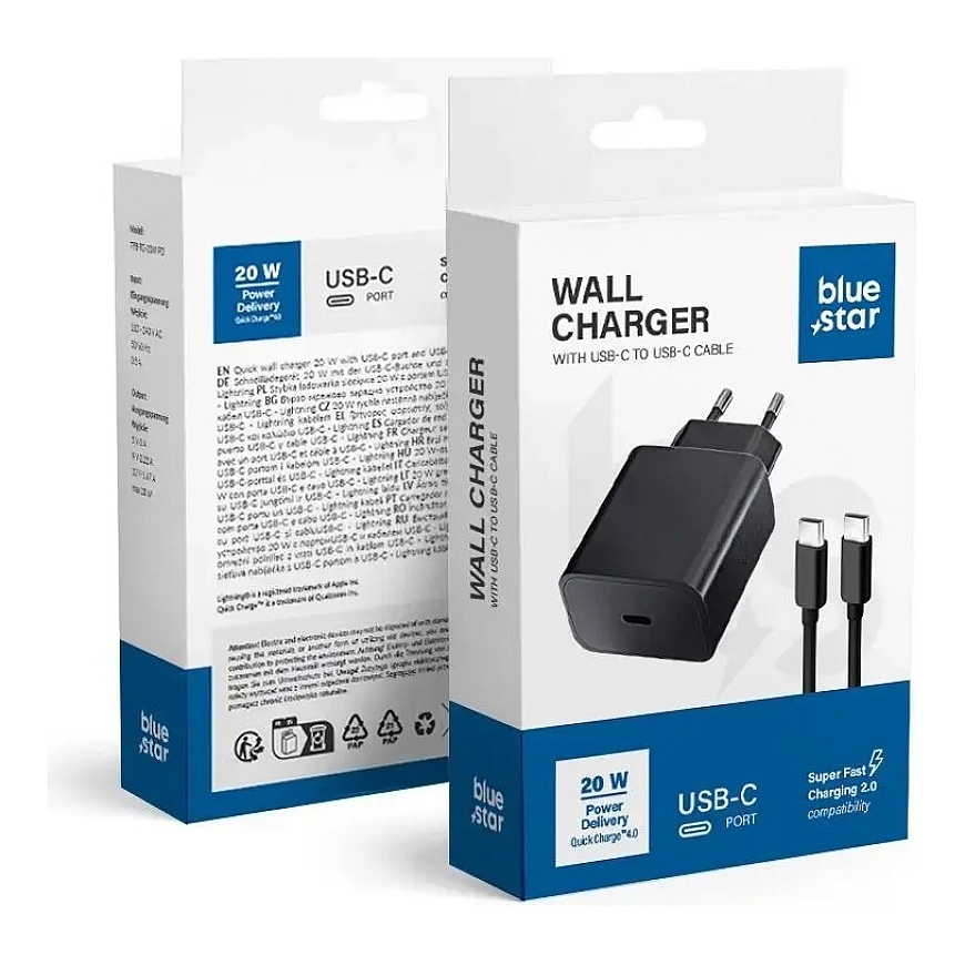 Зарядное устройство Blue Star TFB-TC-20WPD | 20W | PD, QC | USB-C | с кабелем USB-C на USB-C в комплекте | чёрное