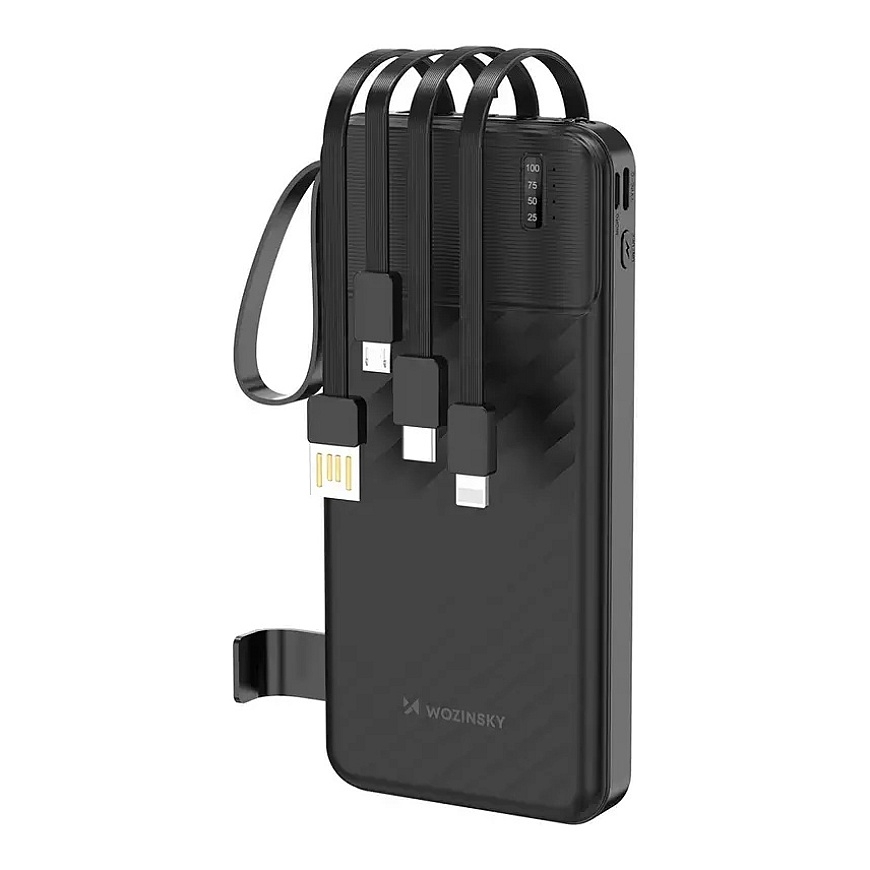 Wozinsky W11-B Power Bank | 10 000 mAh | 10W | USB-A, Micro USB, USB-C, Lightning | LED-taskulamppu | musta