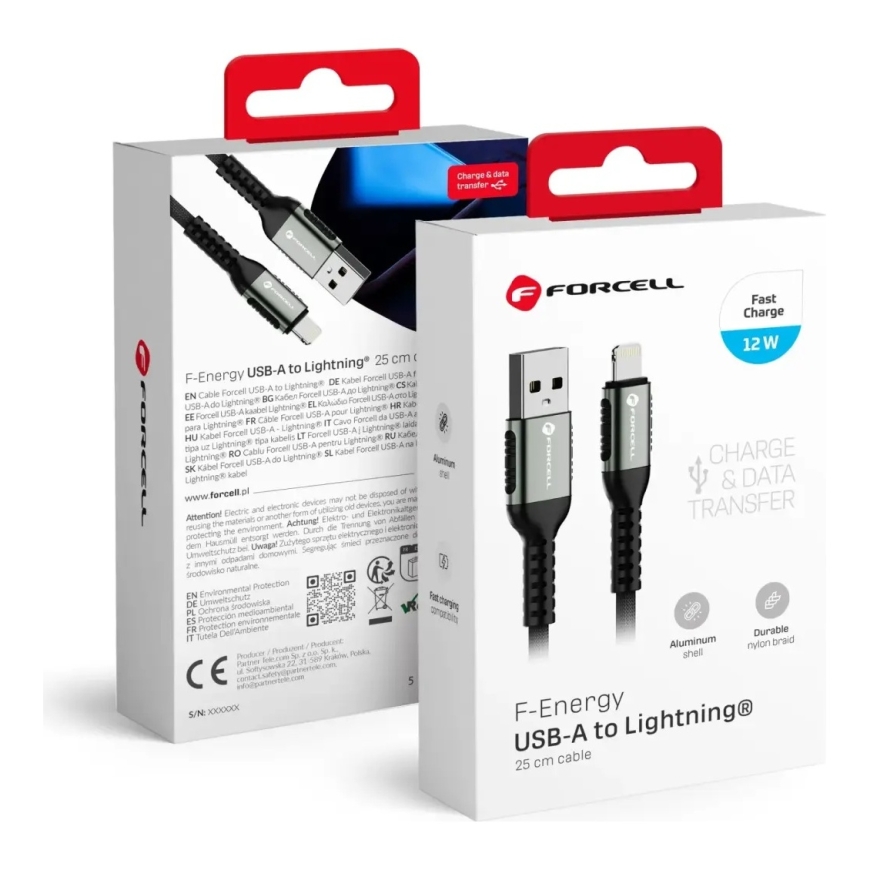 Forcell F-Energy C257 duomenų perdavimo ir įkrovimo laidas | USB-A į Lightning | 12W | 0.25m | juodas