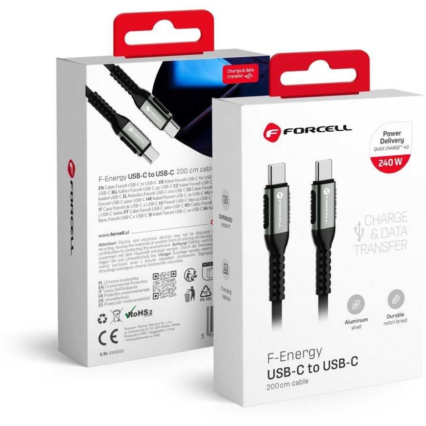 USB C to USB C Cable Forcell F-Energy QC4.0 PD 5A 240W Cafule 2 m Black