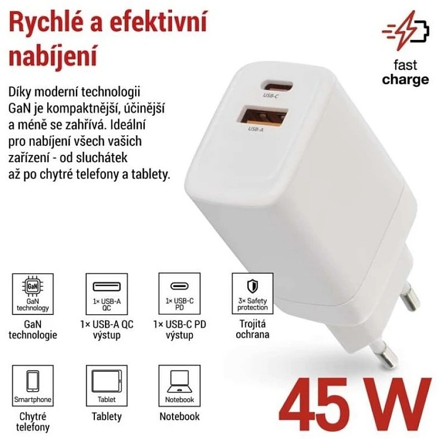 Emos universalus USB adapteris GaN į PD, maks. 45 W – 2