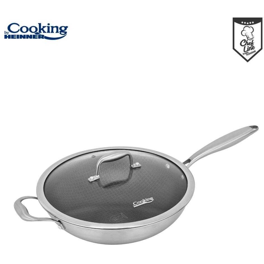 STAINLESS STEEL WOK LINE + GLASS LID 30X8.5 CM, 4.5 L, TITANIUM 3, COOKING BY HEINNER