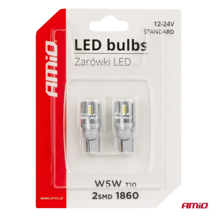 LED pirnid STANDARD T10 W5W 2x1860 SMD Valge 12V/24V AMIO-03719 – 5