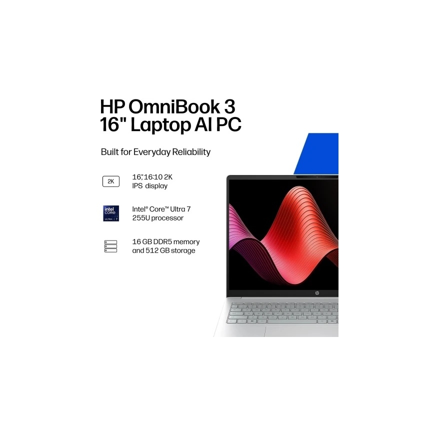 Nešiojamas kompiuteris HP OmniBook 3 16'' WUXGA Intel Core Ultra 7 255U (2025) 16GB 512GB SSD W11H, Glacier Sidabrinis – 2