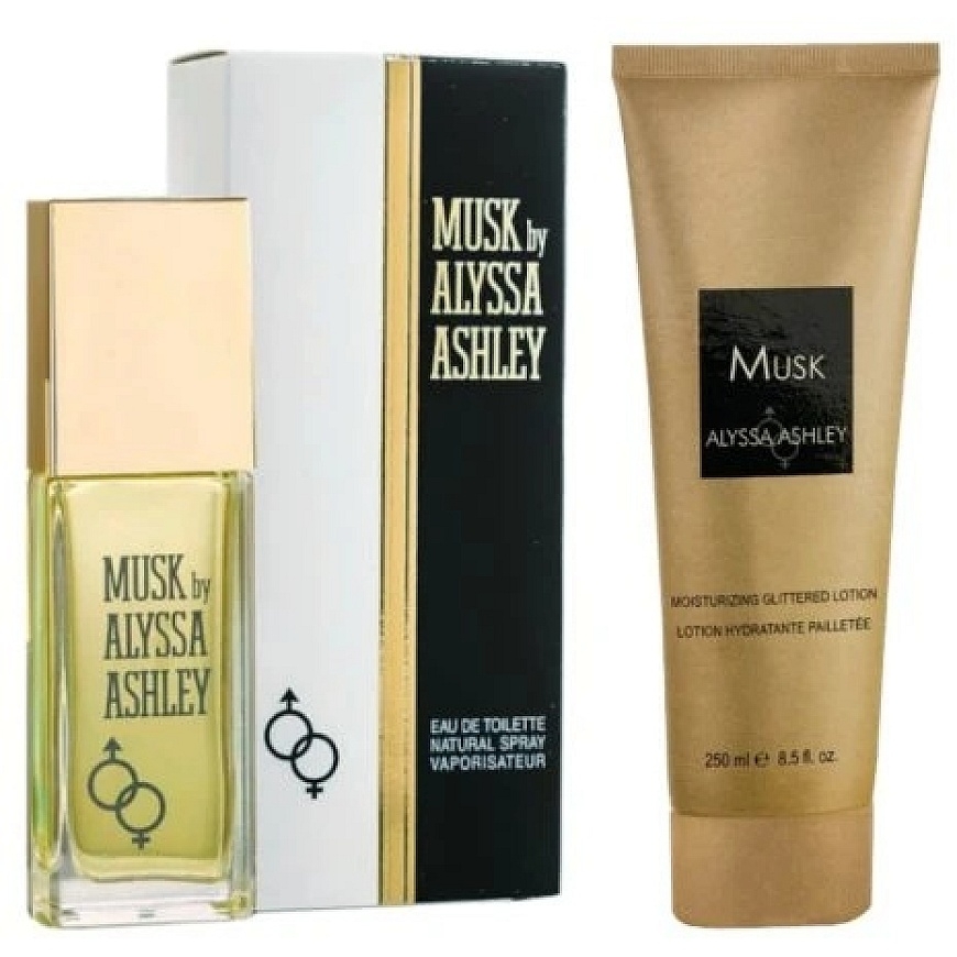 Alyssa Ashley komplekts: Musk Eau De Toilette unisex, 100 ml + Musk Mirdzošs ķermeņa losjons, 250 ml