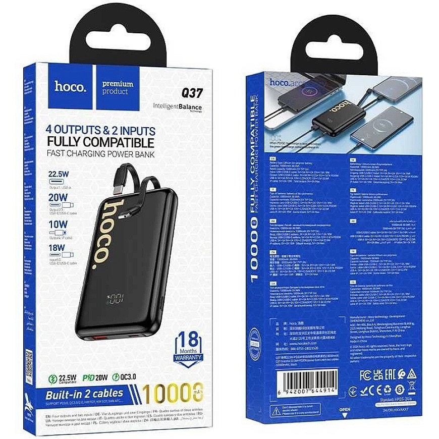 Hoco 10000 mAh QC PD 22,5W väline aku integreeritud USB C + Lightning kaablitega Q37 must – 5