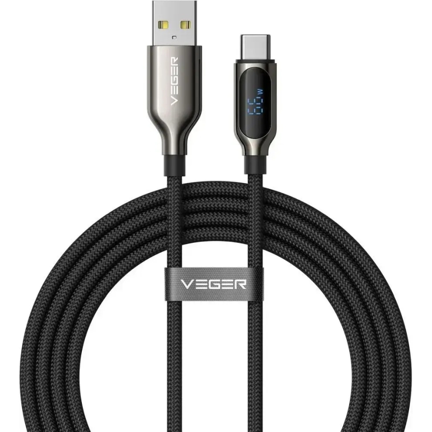 Veger AC1-XHJ andmeedastus- ja laadimiskaabel | USB-A kuni USB-C | PD | 66W | LED ekraaniga | 1.2m | must