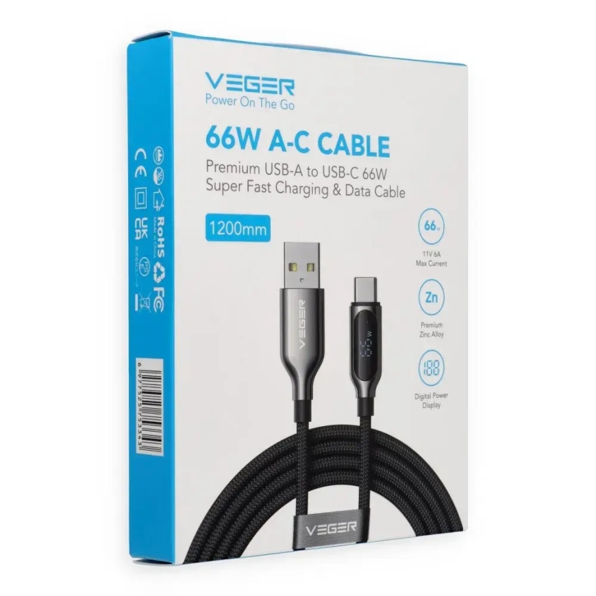 Veger AC1-XHJ data transfer and charging cable | USB-A to USB-C | PD | 66W | with LED display | 1.2m | black – 2