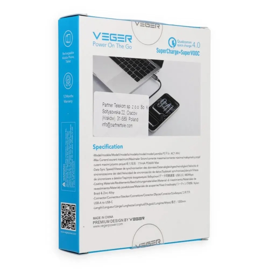 Veger AC1-XHJ datu pārraides un uzlādes vads | USB-A uz USB-C | PD | 66W | ar LED ekrānu | 1.2m | melns – 3