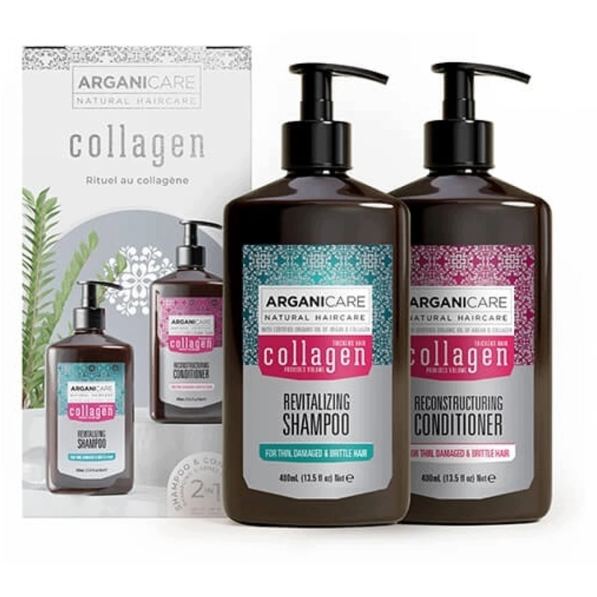 Arganicare rinkinys: Kolageno plaukų šampūnas Revitalizing, 400 ml + Kolageno plaukų kondicionierius Strengthening & Repairing,