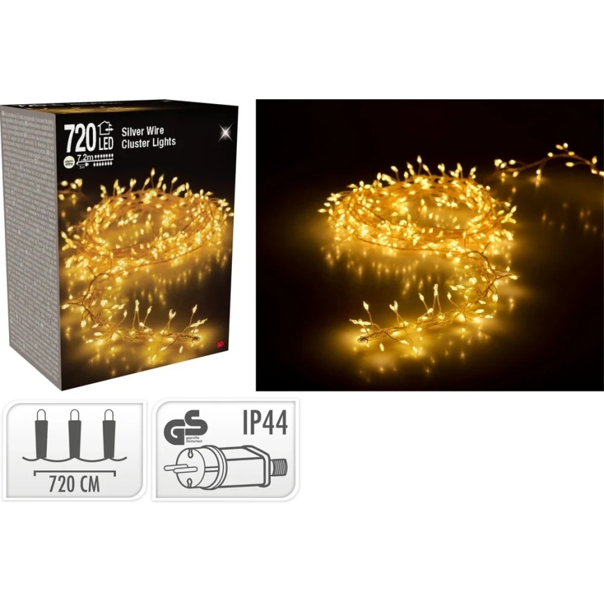 Mondex "CLUSTER" LED gaismas virtenes uz sudraba vadiem, 720 LED, silta balta gaisma