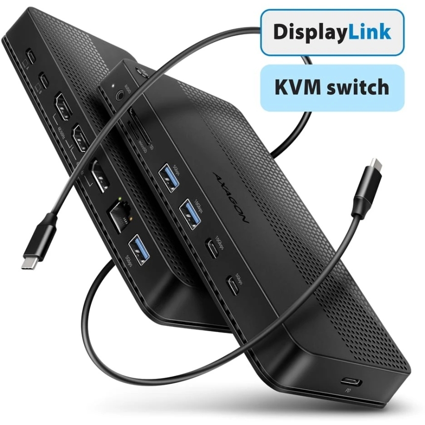 Axagon Док-станция usb-c hmc-dl-kvm 12w1 + kvm 2 pc, displaylink, 10gbps, 3x usb-a, 2x usb-c, 2x hdmi 4k/60hz, dp, lan 1gbps, sd