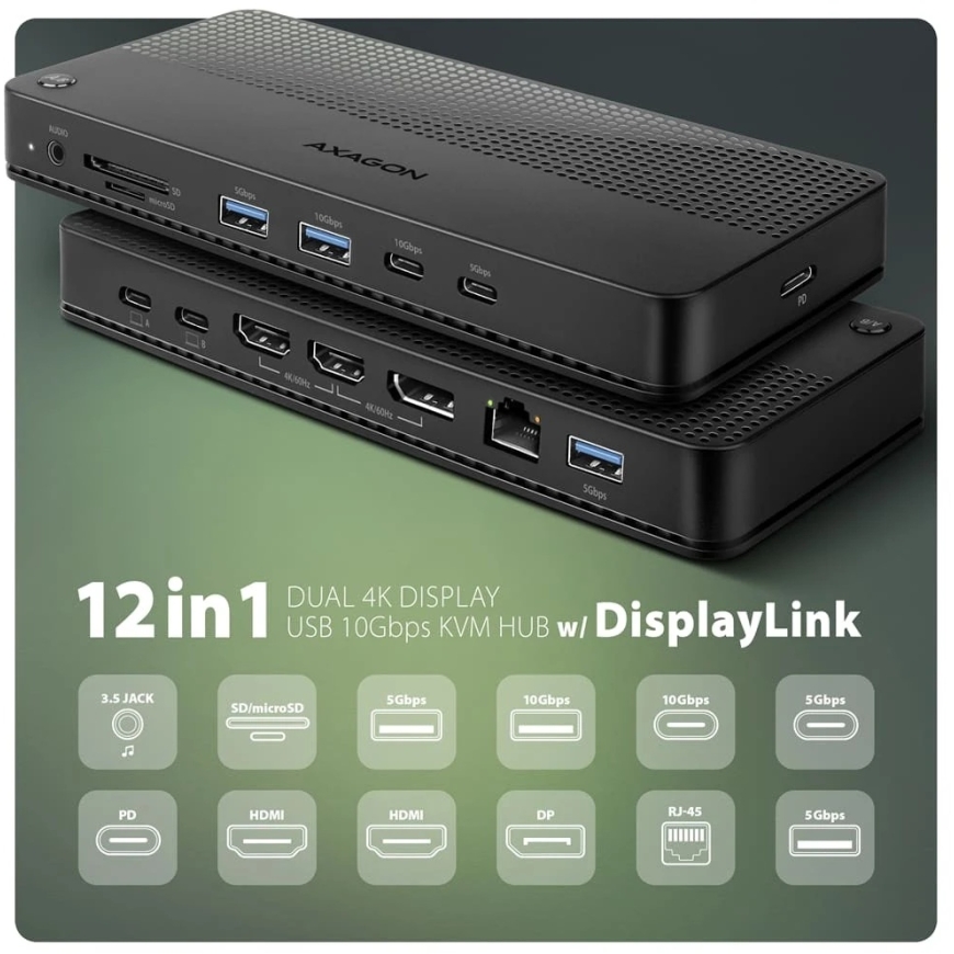 Axagon Dokkausasema usb-c hmc-dl-kvm 12w1 + kvm 2 pc, displaylink, 10gbps, 3x usb-a, 2x usb-c, 2x hdmi 4k/60hz, dp, lan 1gbps, s – 2