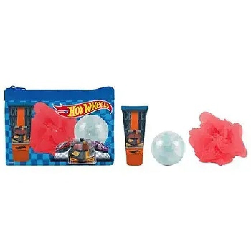 Dětské parfémy Hot Wheels Dárková saada Sprchový gel 35 ml, bomba do koupele, mycí houba a kosmetická taška