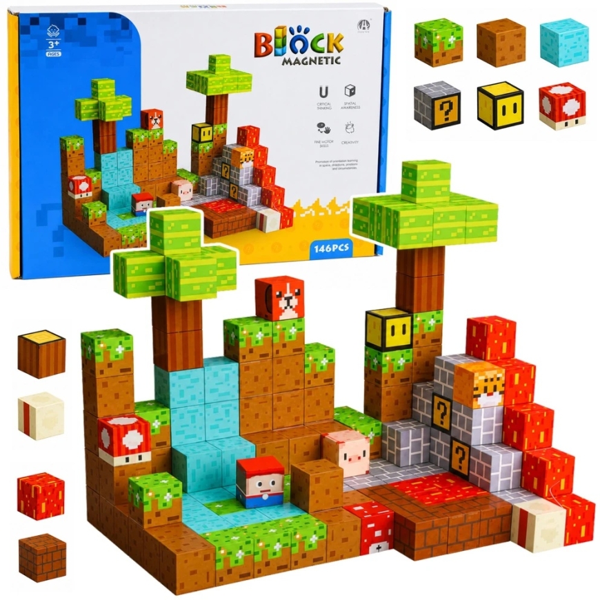 Lean Toys Magnetilised ehitusplokid, pikselite maailma teema, 146 tk.