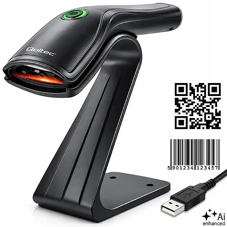 Сканер штрих-кодов Qoltec 1D 2D + Подставка для сканера | QR | EAN | USB