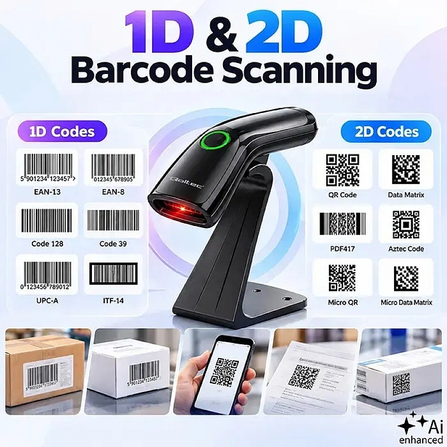Qoltec svītrkodu skeneris 1D 2D + skenera statīvs | QR | EAN | USB – 3