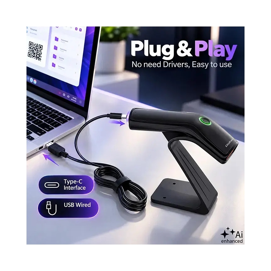 Qoltec Barcode Scanner 1D 2D + Scanner Stand | QR | EAN | USB – 5