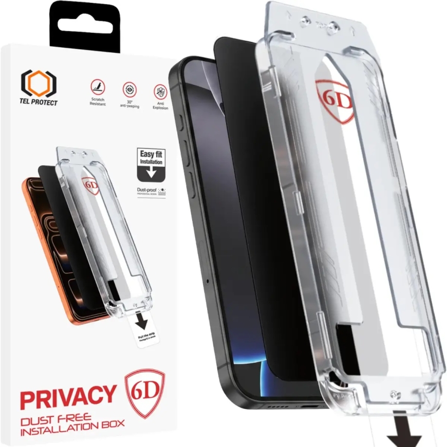 Tel Protect Dust-Free Easy Fit Privacy Full Glue 6D karkaistua lasia puhelimelle iPhone 13 | iPhone 13 Pro | iPhone 16e | iPhone