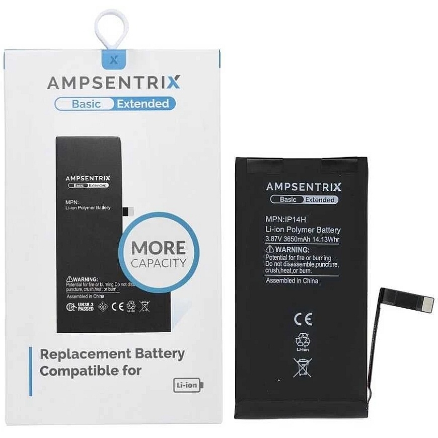 OEM AmpSentrix Basic -akku iPhone 14:lle (korkea kapasiteetti 3650 mAh)
